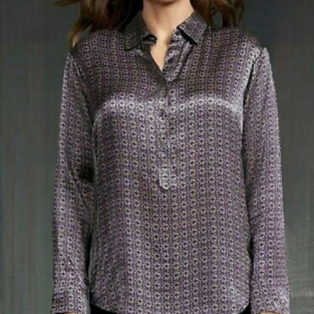 Cabi 100% Silk Geometric Popover Blouse Medium Button Up Business Work Career